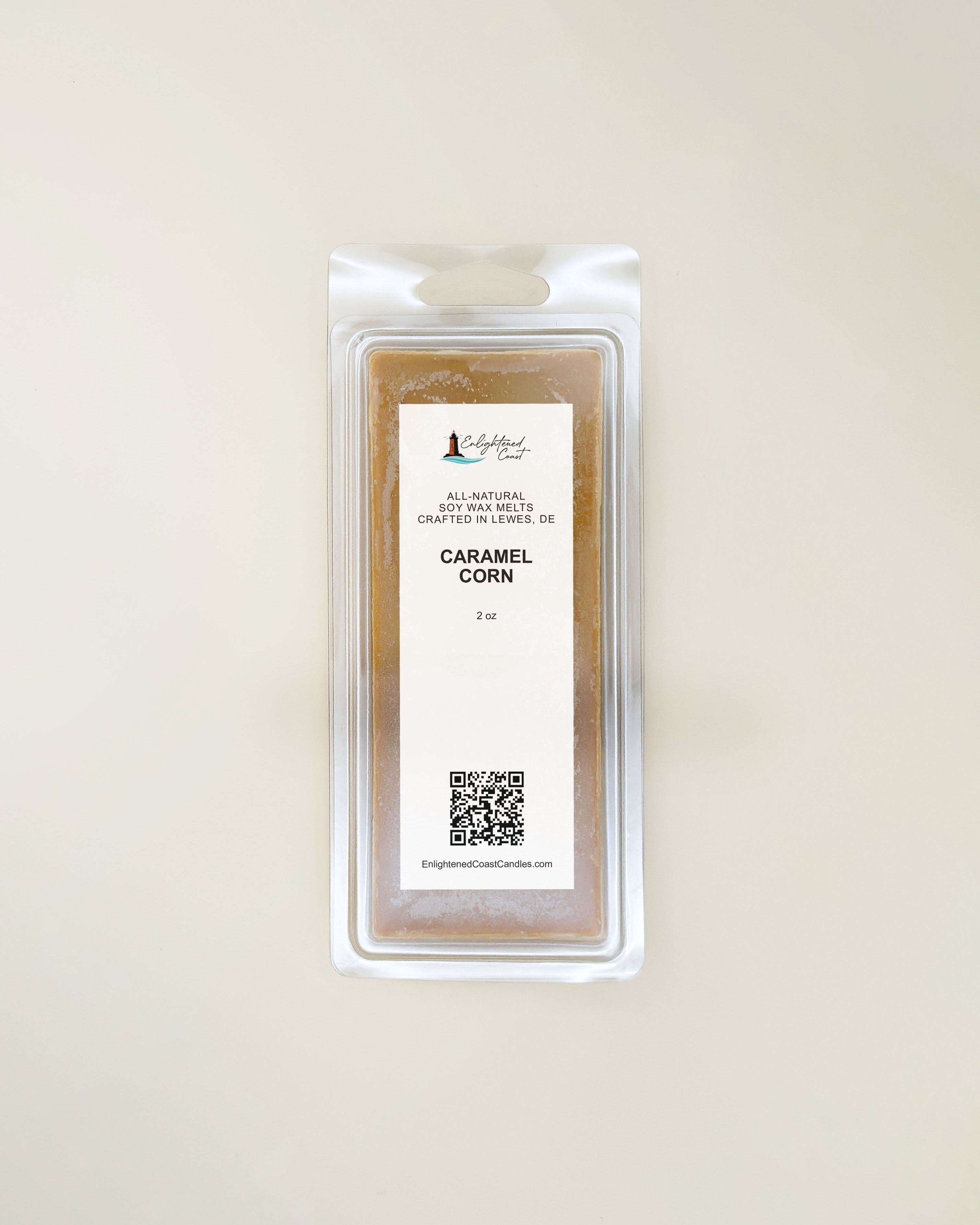 Wax melt package labeled 'Caramel Corn' on a beige background