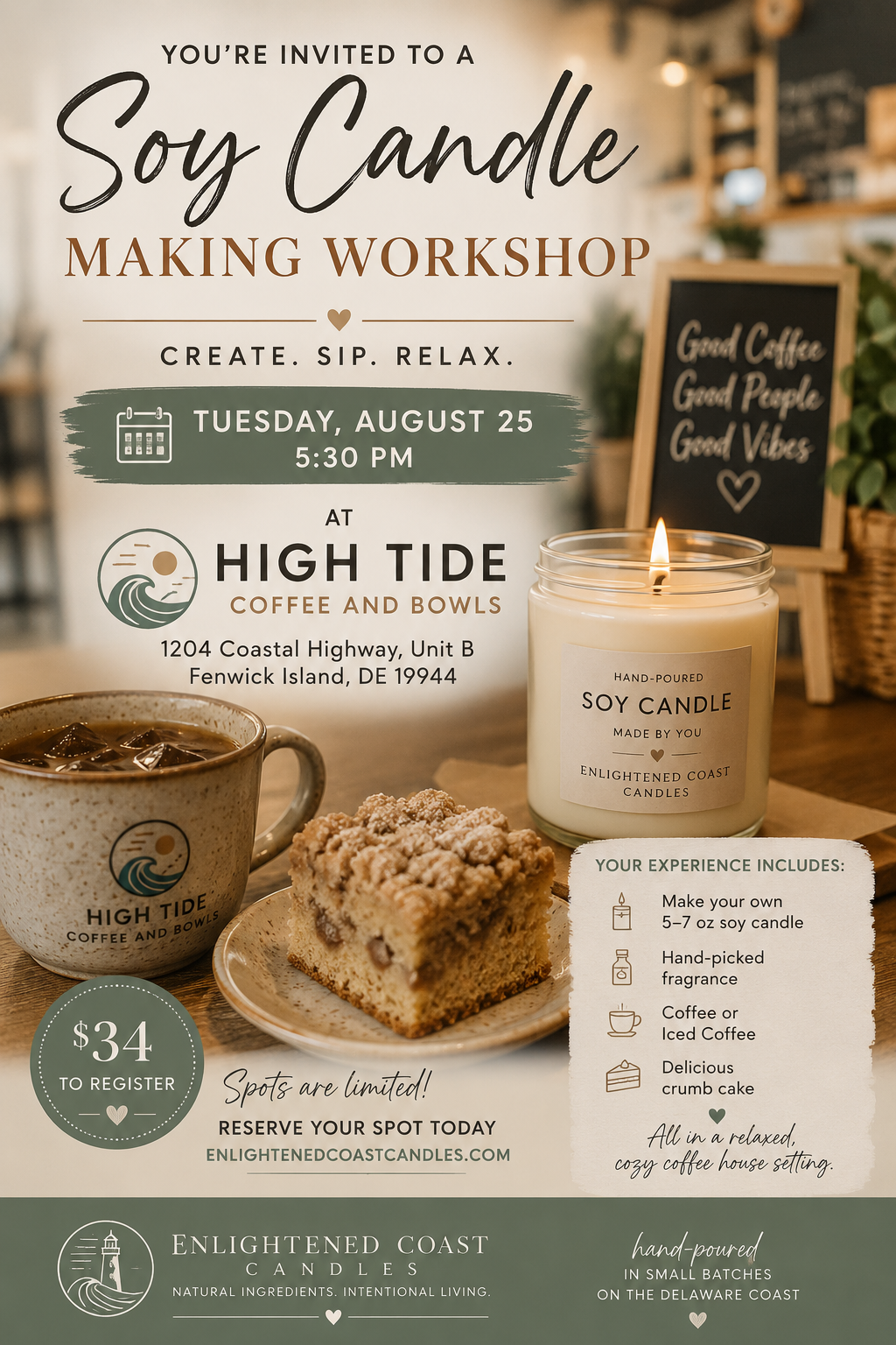 Soy Candle Making Workshop at High Tide Coffee and Bowls in Fenwick