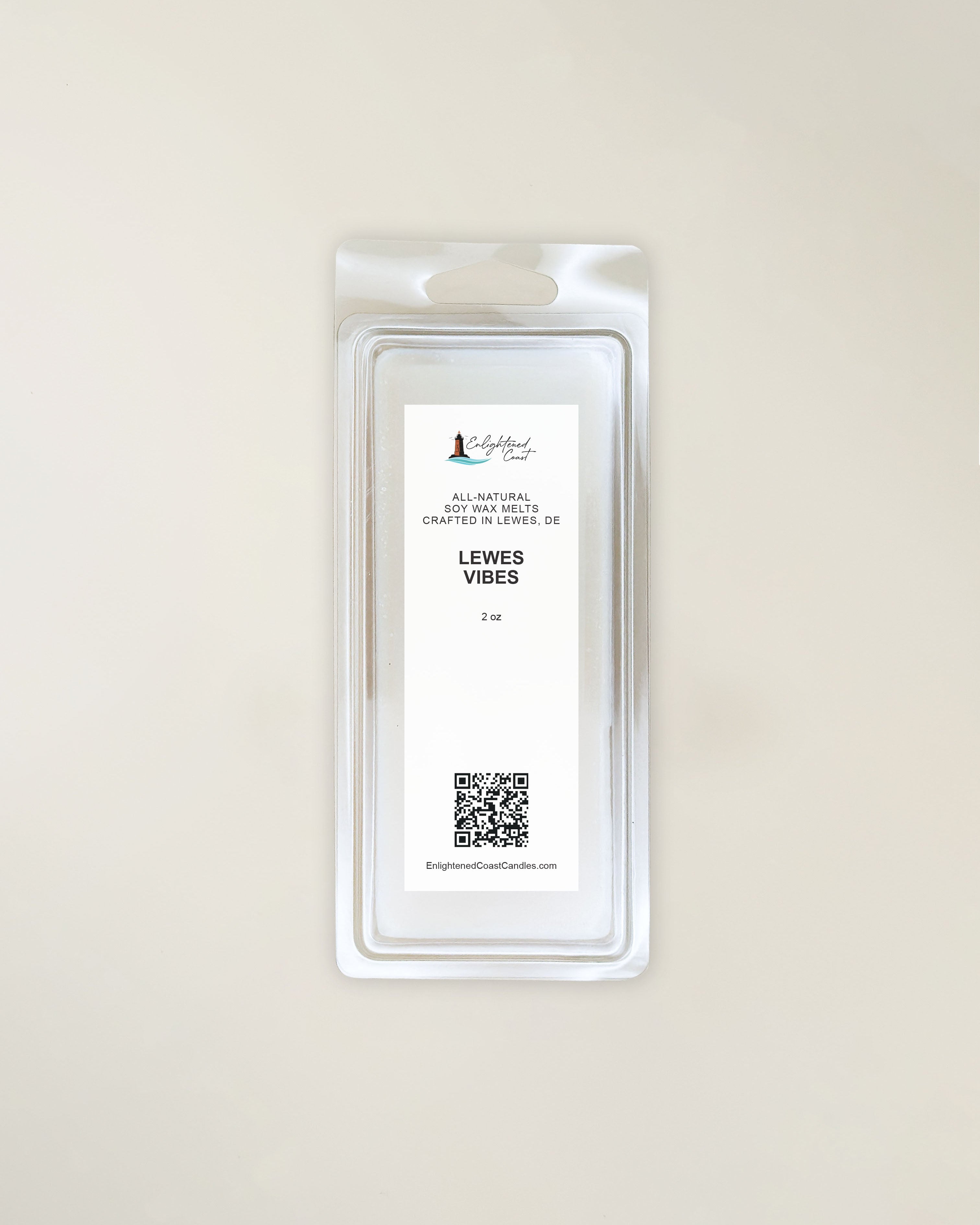 Wax melt in packaging with a Lewes Vibes label on a beige background