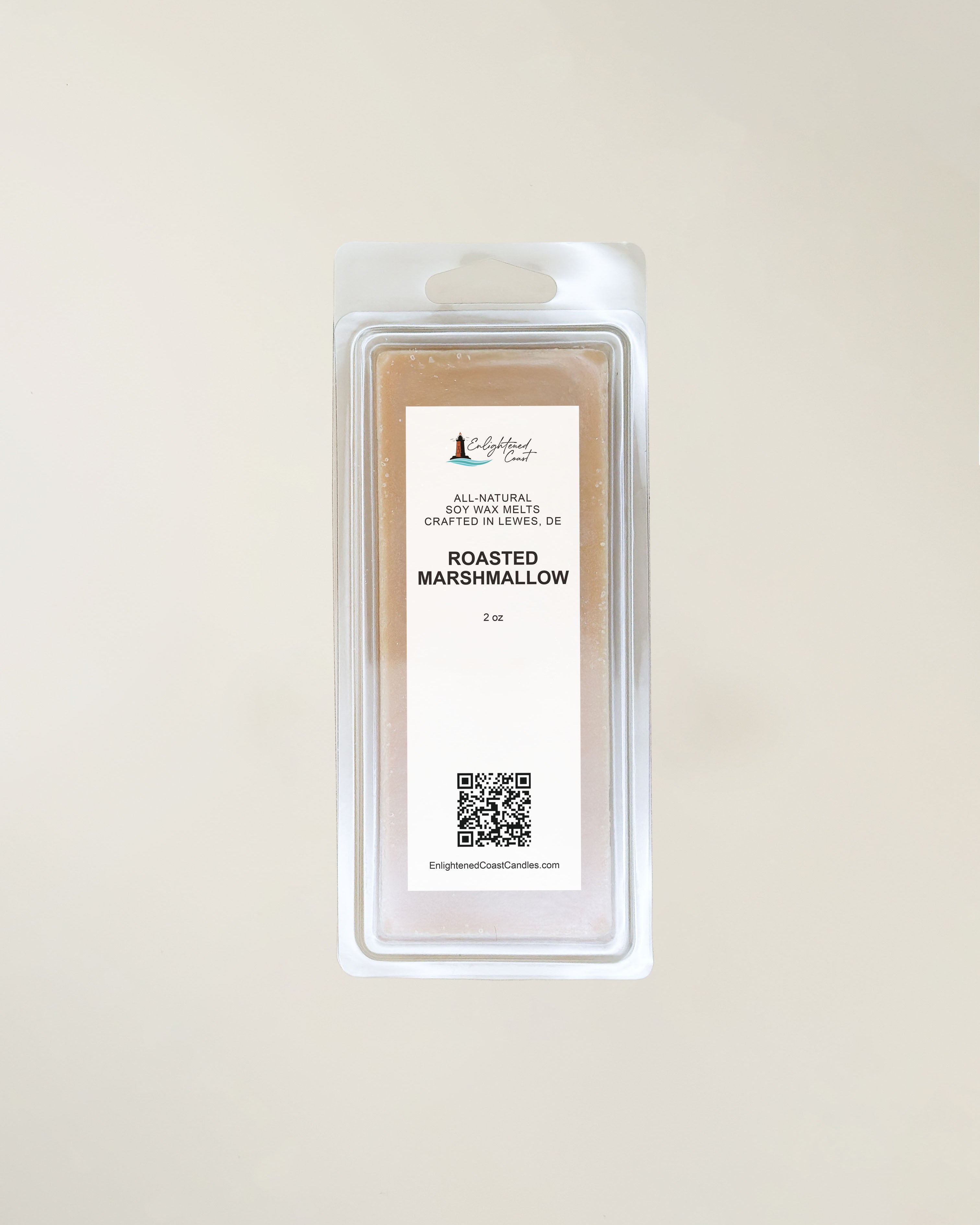 Wax melt packaging labeled 'Roasted Marshmallow' on a beige background