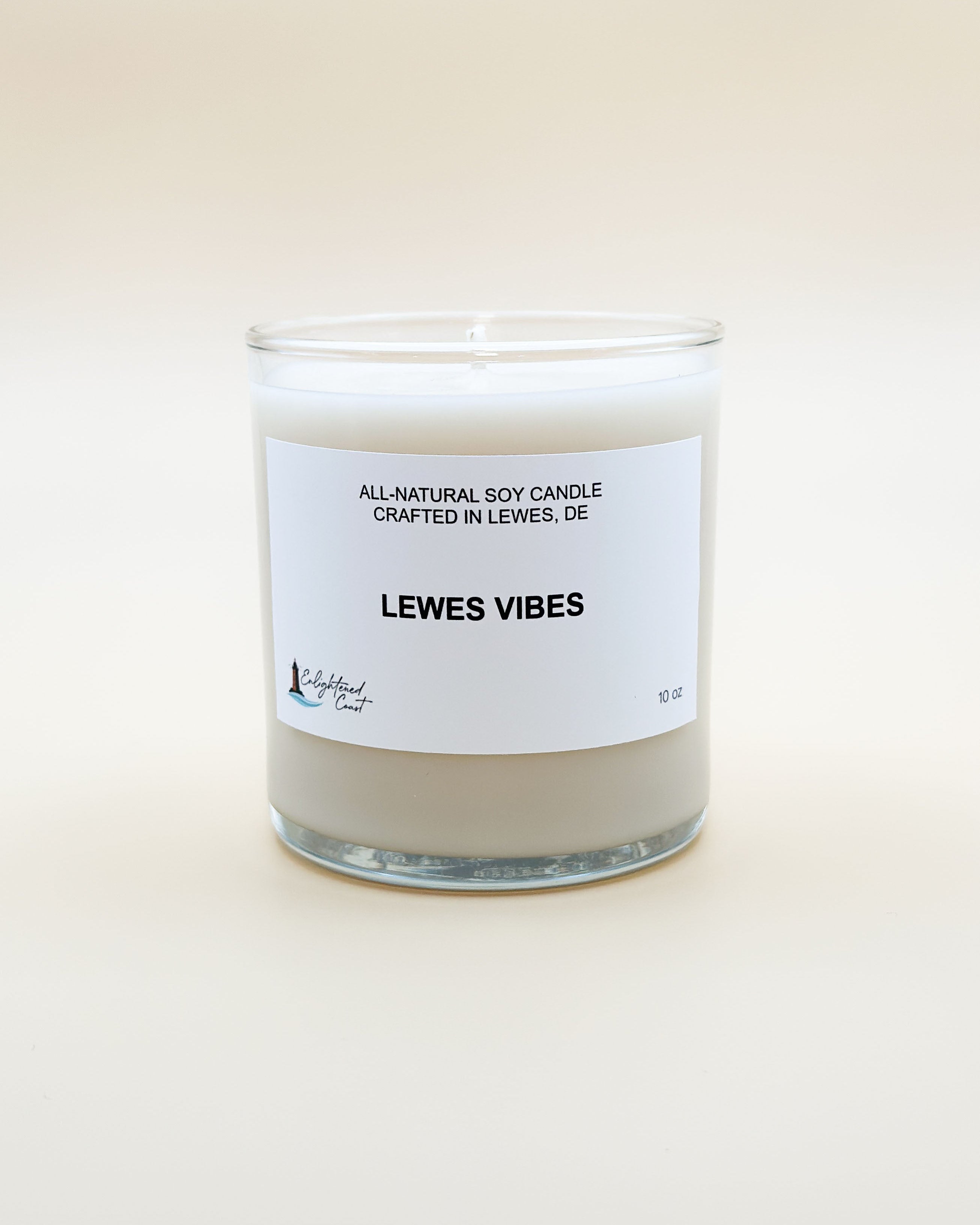 All-natural soy candle labeled 'Lewes Vibes' on a white background