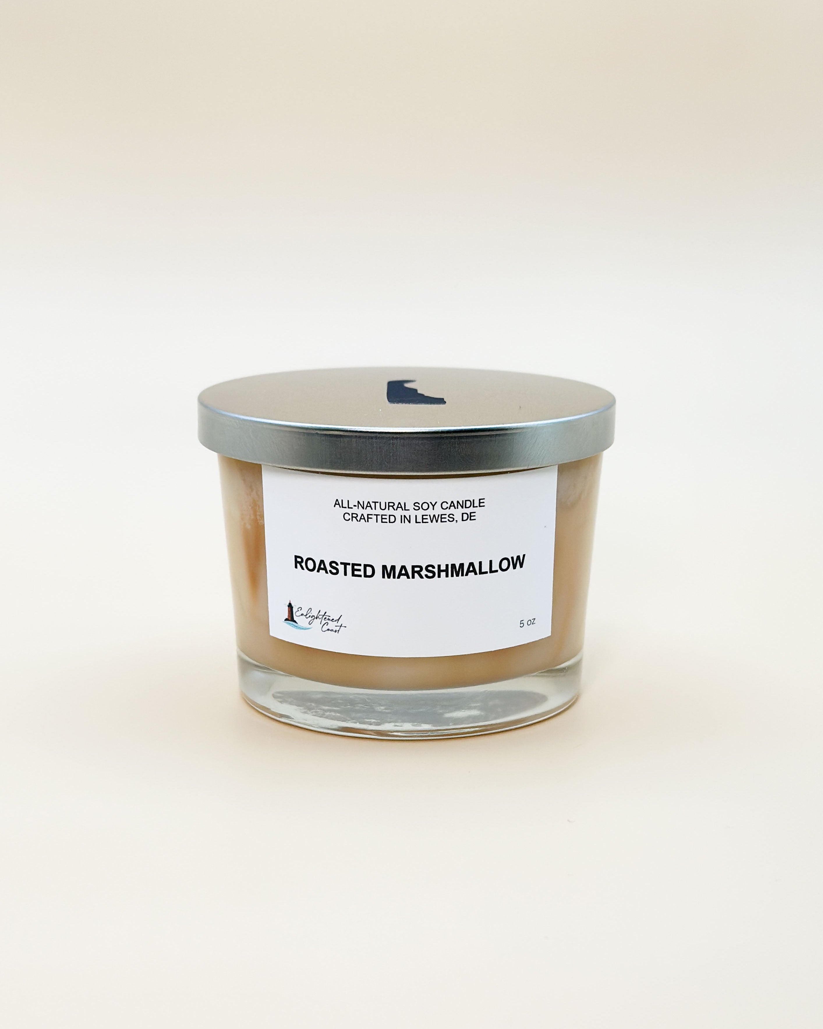 Candle with a Roasted Marshmallow label on a white background