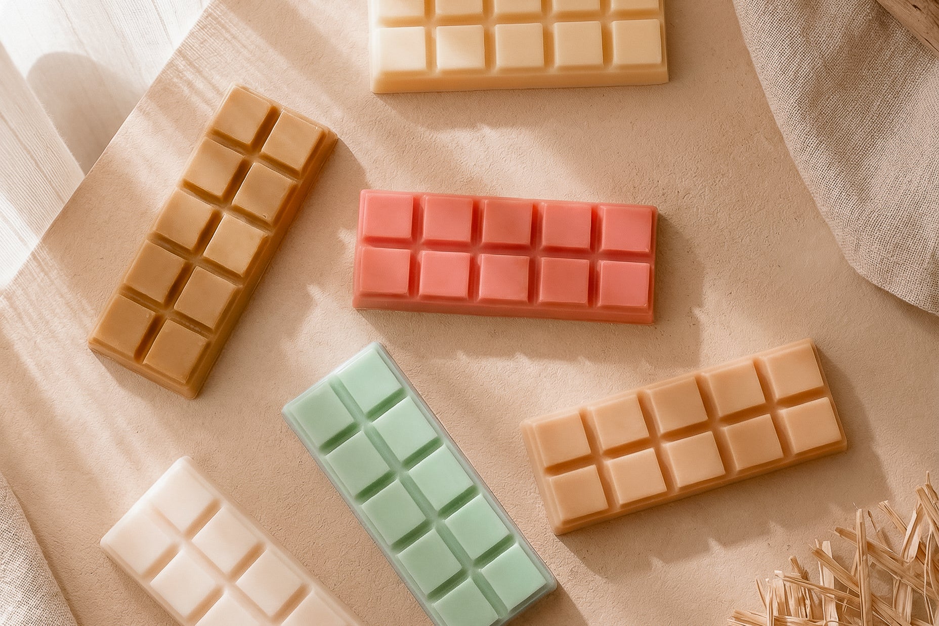 Colorful wax melts on a wooden surface with a neutral background